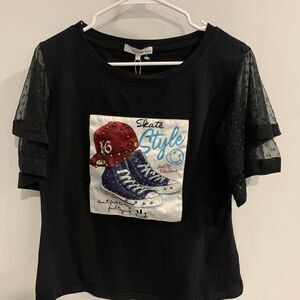 Black Blouse With Mesh Sleeves And Sneaker Graphic Design
